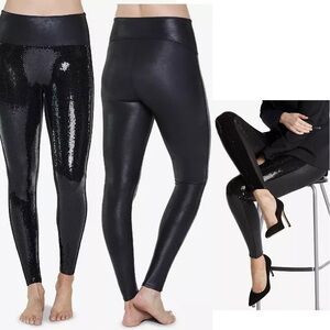 SPANX Sequined Faux-Leather Leggings black Sz S sparkly NWOT